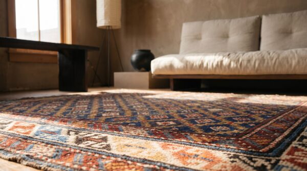 Late 19th century antique blue square tribal geometric caucasian shirvan rug (sku 18611) - in-room detail