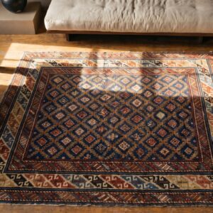 Late 19th Century Antique Blue Square Tribal Geometric Caucasian Shirvan Rug (SKU 18611) - styled overhead view