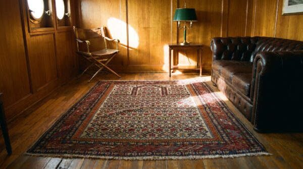 Late 19th century antique caucasian dagestan ivory islamic prayer design square rug 5 Late 19th century antique caucasian dagestan ivory islamic prayer design square rug (sku 18564) - room view