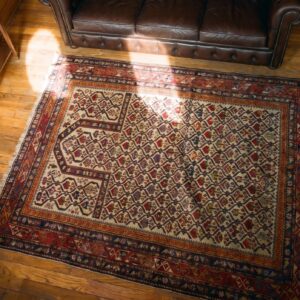 Late 19th Century Antique Caucasian Dagestan Ivory Islamic Prayer Design Square Rug (SKU 18564) - styled overhead view