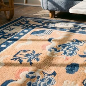 Antique Late 19th Century Chinese Foo Dog Design Ningxia Coral Rug (SKU 22193) - in-room detail