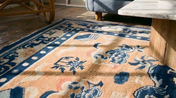 Antique late 19th century chinese foo dog design ningxia coral rug 7 Antique late 19th century chinese foo dog design ningxia coral rug (sku 22193) - in-room detail