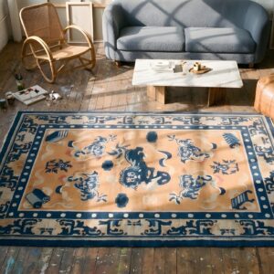 Antique Late 19th Century Chinese Foo Dog Design Ningxia Coral Rug (SKU 22193) - styled overhead view