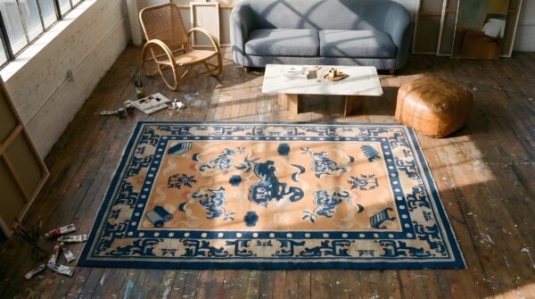 Antique late 19th century chinese foo dog design ningxia coral rug 2 Antique late 19th century chinese foo dog design ningxia coral rug (sku 22193) - styled overhead view