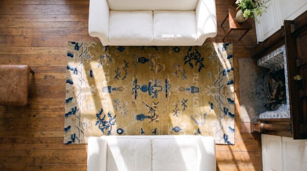 Late 19th century antique chinese ningxia pilar rug 2 Late 19th century antique chinese ningxia pilar rug (sku 23420) - styled overhead view
