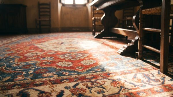 Antique late 19th century classic traditional floral medallion design persian sarouk rug 8 Antique late 19th century classic traditional floral medallion design persian sarouk rug (sku 19463) - in-room detail