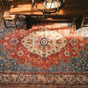 Antique Late 19th Century Classic Traditional Floral Medallion Design Persian Sarouk Rug (SKU 19463) - styled overhead view