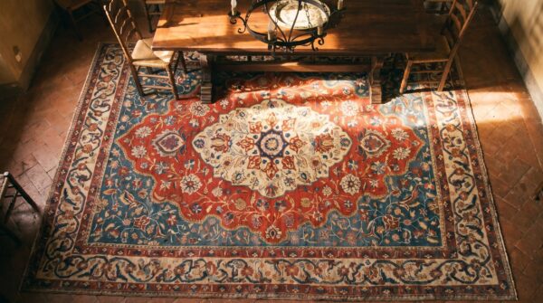 Antique late 19th century classic traditional floral medallion design persian sarouk rug 2 Antique late 19th century classic traditional floral medallion design persian sarouk rug (sku 19463) - styled overhead view