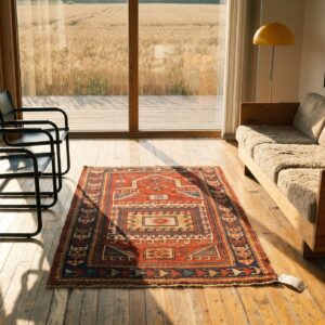 Late 19th Century Coral Antique Tribal Geometric Caucasian Kazak Islamic Prayer Rug (SKU 21540) - room view