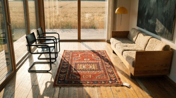 Late 19th century coral antique tribal geometric caucasian kazak islamic prayer rug 6 Late 19th century coral antique tribal geometric caucasian kazak islamic prayer rug (sku 21540) - room view