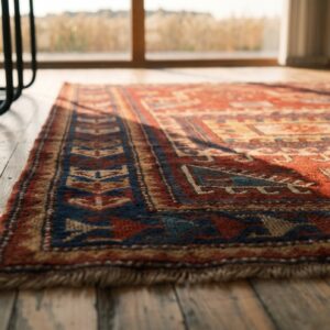 Late 19th Century Coral Antique Tribal Geometric Caucasian Kazak Islamic Prayer Rug (SKU 21540) - in-room detail