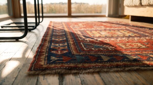 Late 19th century coral antique tribal geometric caucasian kazak islamic prayer rug 7 Late 19th century coral antique tribal geometric caucasian kazak islamic prayer rug (sku 21540) - in-room detail