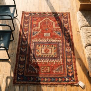 Late 19th Century Coral Antique Tribal Geometric Caucasian Kazak Islamic Prayer Rug (SKU 21540) - styled overhead view