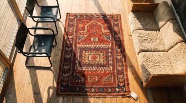 Late 19th century coral antique tribal geometric caucasian kazak islamic prayer rug 2 Late 19th century coral antique tribal geometric caucasian kazak islamic prayer rug (sku 21540) - styled overhead view
