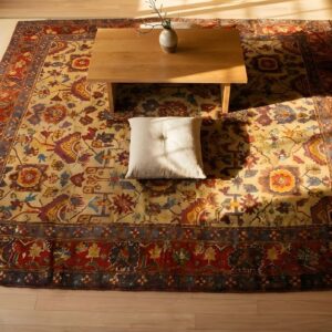 Late 19th Century Decorative Yellow Antique Turkish Oushak Room Size Rug (SKU 24787) - styled overhead view