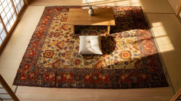 Late 19th century decorative yellow antique turkish oushak room size rug (sku 24787) - styled overhead view