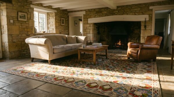 Antique late 19th century english floral needlepoint square rug (sku 25753) - room view
