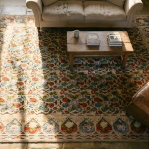 Antique Late 19th Century English Floral Needlepoint Square Rug (SKU 25753) - styled overhead view