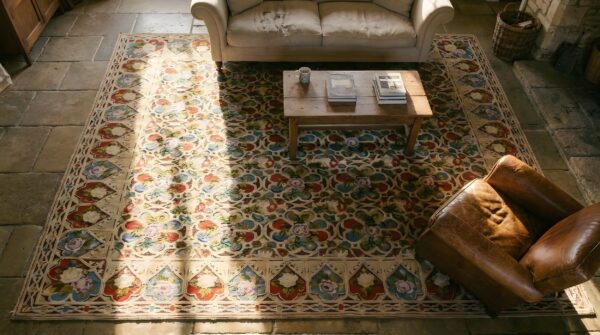 Antique late 19th century english floral needlepoint square rug (sku 25753) - styled overhead view