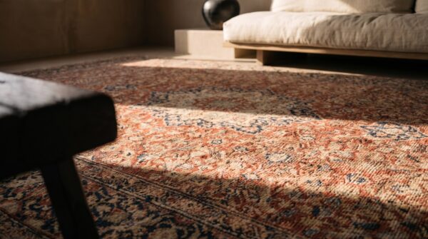 Antique late 19th century fine rustic floral red persian room size tabriz medallion carpet 11 Antique late 19th century fine rustic floral red persian room size tabriz medallion carpet (sku 20180) - in-room detail