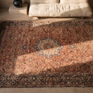 Antique Late 19th Century Fine Rustic Floral Red Persian Room Size Tabriz Medallion Carpet (SKU 20180) - styled overhead view