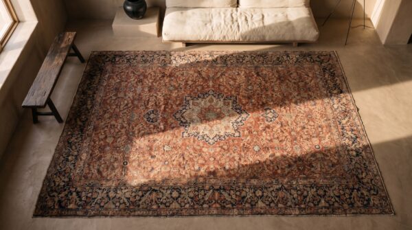 Antique late 19th century fine rustic floral red persian room size tabriz medallion carpet 2 Antique late 19th century fine rustic floral red persian room size tabriz medallion carpet (sku 20180) - styled overhead view