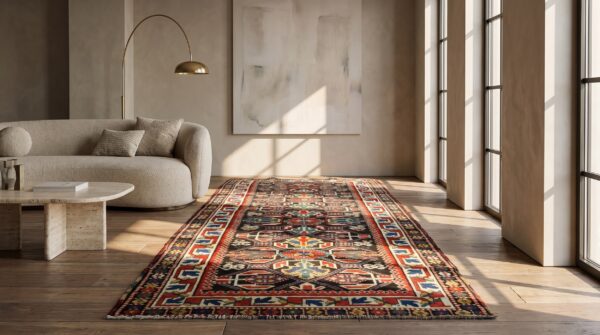Late 19th century graphic antique tribal geometric caucasian kazak rug 7 Late 19th century graphic antique tribal geometric caucasian kazak rug (sku 21116) - room view