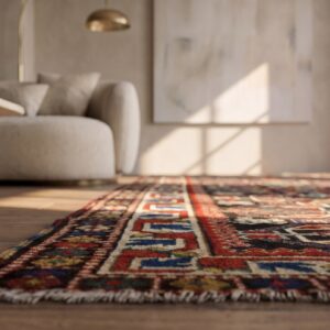 Late 19th Century Graphic Antique Tribal Geometric Caucasian Kazak Rug (SKU 21116) - in-room detail