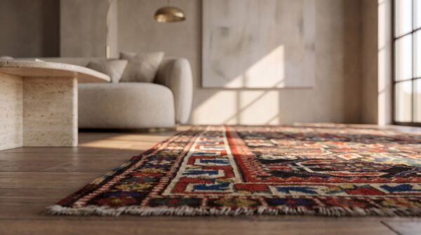 Late 19th century graphic antique tribal geometric caucasian kazak rug 8 Late 19th century graphic antique tribal geometric caucasian kazak rug (sku 21116) - in-room detail