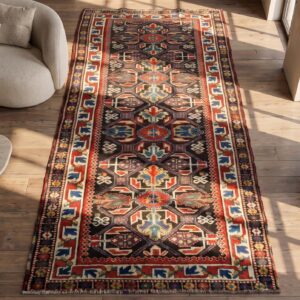 Late 19th Century Graphic Antique Tribal Geometric Caucasian Kazak Rug (SKU 21116) - styled overhead view
