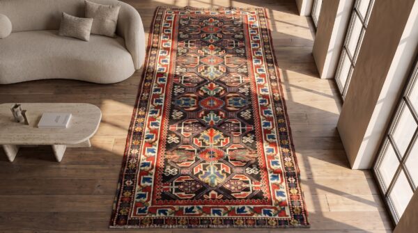 Late 19th century graphic antique tribal geometric caucasian kazak rug 2 Late 19th century graphic antique tribal geometric caucasian kazak rug (sku 21116) - styled overhead view