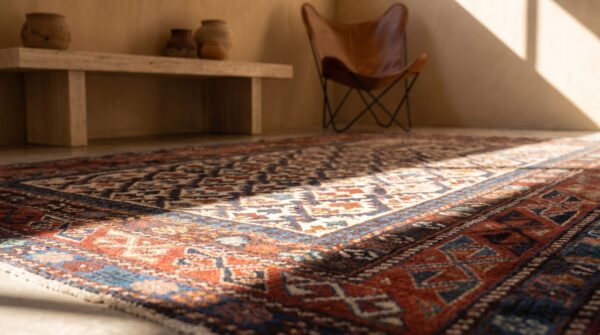 Late 19th century ivory antique caucasian dagestan prayer design tribal rug 7 Late 19th century ivory antique caucasian dagestan prayer design tribal rug (sku 18046) - in-room detail