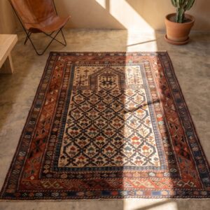 Late 19th Century Ivory Antique Caucasian Dagestan Prayer Design Tribal Rug (SKU 18046) - styled overhead view