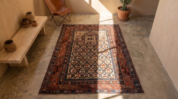 Late 19th century ivory antique caucasian dagestan prayer design tribal rug 2 Late 19th century ivory antique caucasian dagestan prayer design tribal rug (sku 18046) - styled overhead view