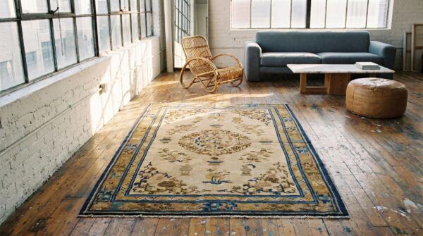 Late 19th century ivory antique chinese central floral medallion ningxia rug 10 Late 19th century ivory antique chinese central floral medallion ningxia rug (sku 19004) - room view