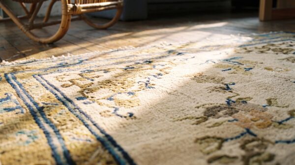 Late 19th century ivory antique chinese central floral medallion ningxia rug 11 Late 19th century ivory antique chinese central floral medallion ningxia rug (sku 19004) - in-room detail