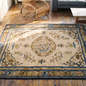 Late 19th Century Ivory Antique Chinese Central Floral Medallion Ningxia Rug (SKU 19004) - styled overhead view