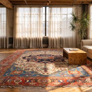 Late 19th Century Ivory Antique Persian Serapi Heriz Tribal Geometric Room Size Rug (SKU 21217) - room view