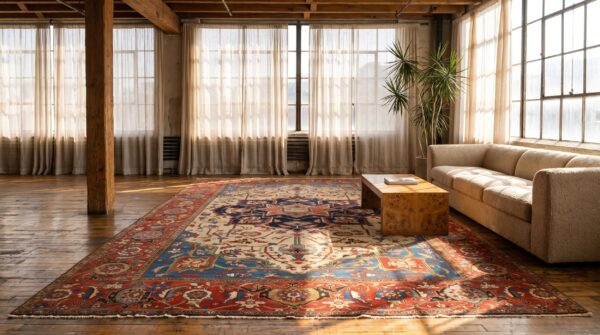 Late 19th century ivory antique persian serapi heriz tribal geometric room size rug (sku 21217) - room view