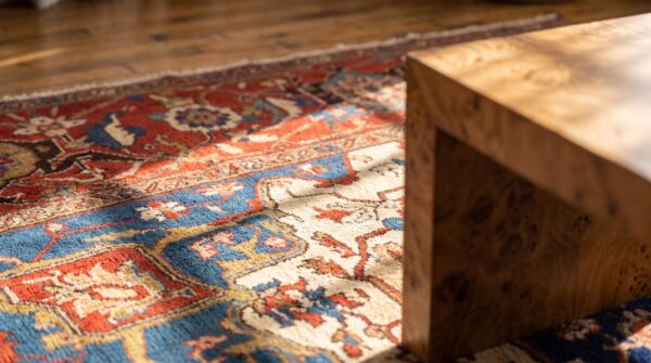 Late 19th century ivory antique persian serapi heriz tribal geometric room size rug (sku 21217) - in-room detail