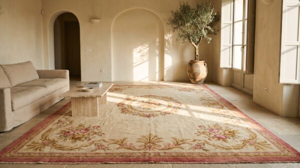 Late 19th century large antique light cream color floral french pile savonnerie carpet 8 Late 19th century large antique light cream color floral french pile savonnerie carpet (sku 20169) - room view