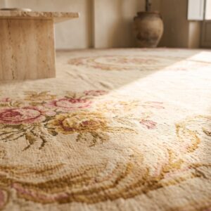 Late 19th Century Large Antique Light Cream Color Floral French Pile Savonnerie Carpet (SKU 20169) - in-room detail
