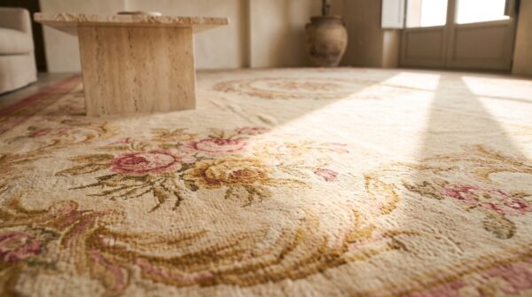 Late 19th century large antique light cream color floral french pile savonnerie carpet 9 Late 19th century large antique light cream color floral french pile savonnerie carpet (sku 20169) - in-room detail