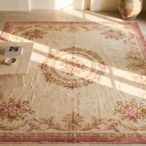 Late 19th Century Large Antique Light Cream Color Floral French Pile Savonnerie Carpet (SKU 20169) - styled overhead view