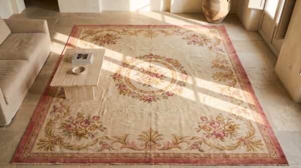 Late 19th century large antique light cream color floral french pile savonnerie carpet 2 Late 19th century large antique light cream color floral french pile savonnerie carpet (sku 20169) - styled overhead view