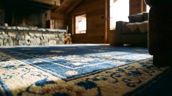 Antique late 19th century navy blue chinese floral peking rug (sku 23497) - in-room detail