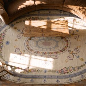 Antique Late 19th Century Oval French Aubusson Room Size Carpet (SKU 25552) - styled overhead view