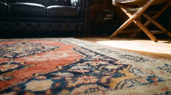 Late 19th century rustic antique persian tabriz small scatter size wool pile throw rug in coral 8 Late 19th century rustic antique persian tabriz small scatter size wool pile throw rug in coral (sku 20959) - in-room detail