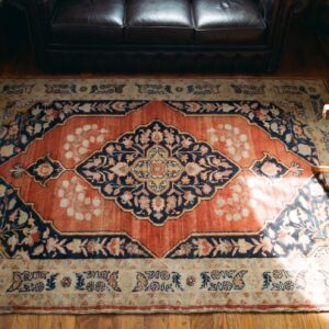 Late 19th Century Rustic Antique Persian Tabriz Small Scatter Size Wool Pile Throw Rug in Coral (SKU 20959) - styled overhead view