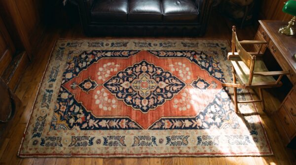 Late 19th century rustic antique persian tabriz small scatter size wool pile throw rug in coral 2 Late 19th century rustic antique persian tabriz small scatter size wool pile throw rug in coral (sku 20959) - styled overhead view